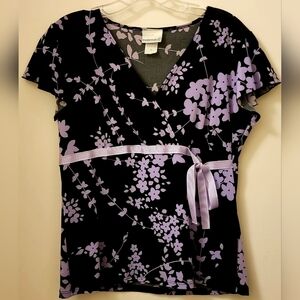 Women's Black & Purple Shirt Wrap-around Style V Neck Blouse  Size Medium MINT!